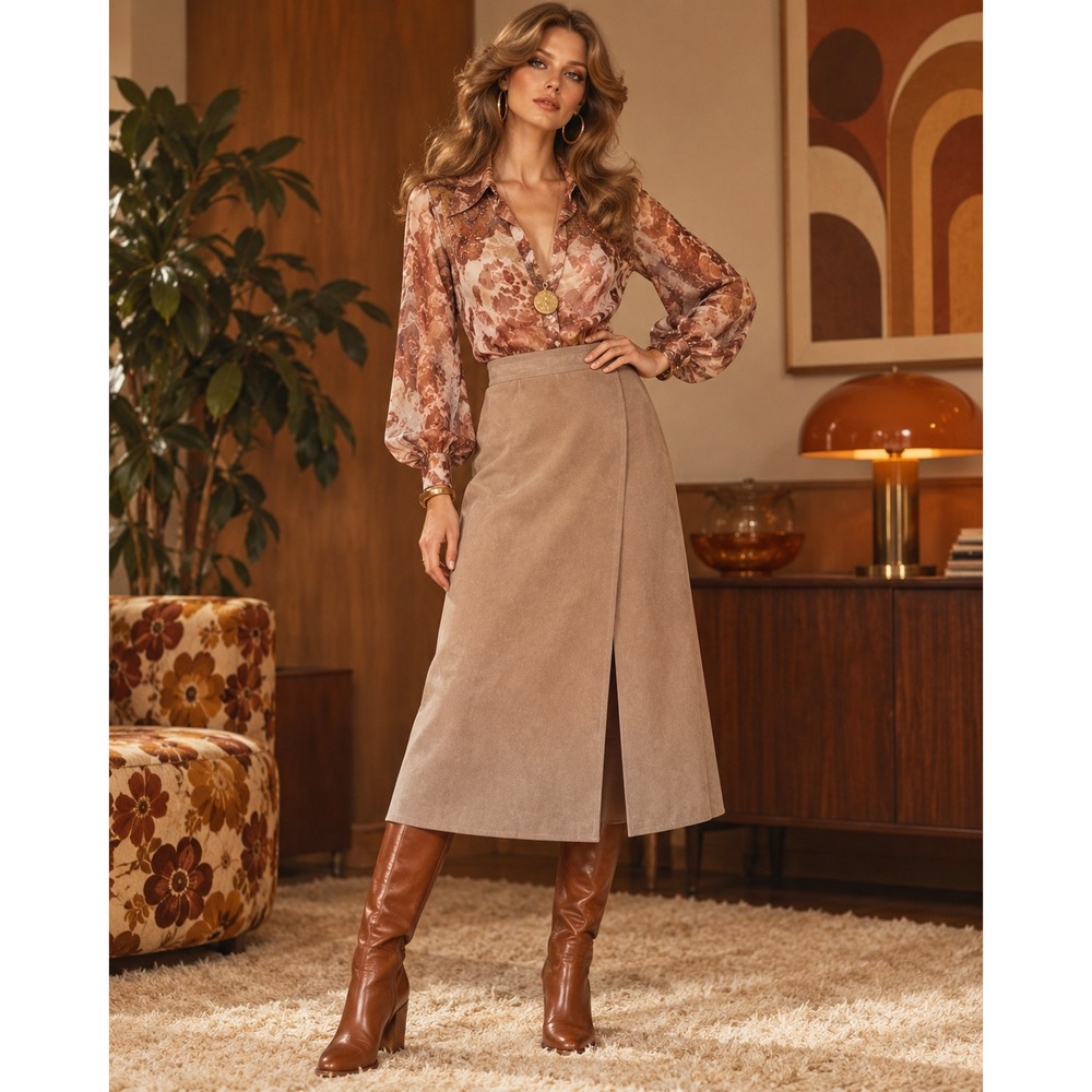 Vintage 70s Tan Ultra Suede Midi Wrap Skirt High Waisted A-Line